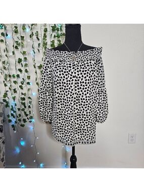 NWT Max Studio Chiffon Heart Print Smocked Off the Shoulder Puff Sleeve Blouse